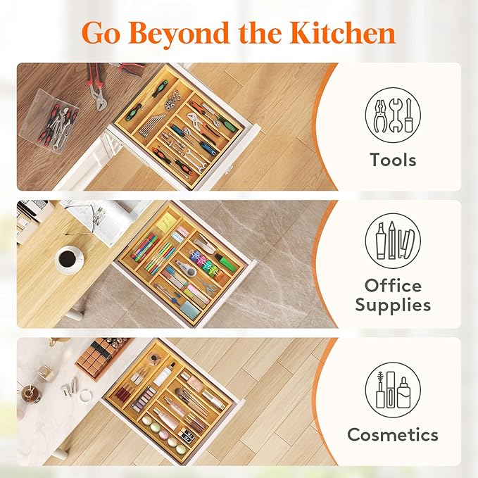 Lifewit Silverware Drawer Organizer, Utensil Tray for Kitchen, 7 Slot Bamboo Flatware and Cutlery Holder, Wood Storage for Spoons Forks Knives, 12.9 x 16.5 Inches, Natural