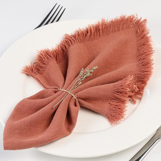 Handmade Cloth Napkins with Fringe,18 x 18 Inches Cotton Linen Napkins Set of 4 Versatile Handmade Square Rustic Fringe Napkins for Dinner, Wedding and Parties, Rose