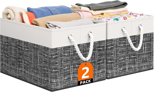 Storage Bin,Collapsible Storage Basket For Organizing,Large Storage Boxes With Rope Handles,Storage Containers,White & Black,2 Pack