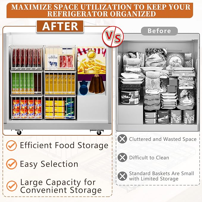Large Freezer Organizer Bins, Upgrade One-Touch Open/Close, 3 Pack Big Stackable Deep Freezer Organizer Bins, White Wire Foldable Baskets with Handles, for 5 to 7 Cu.FT Deep Freezer Sort Frozen Meats