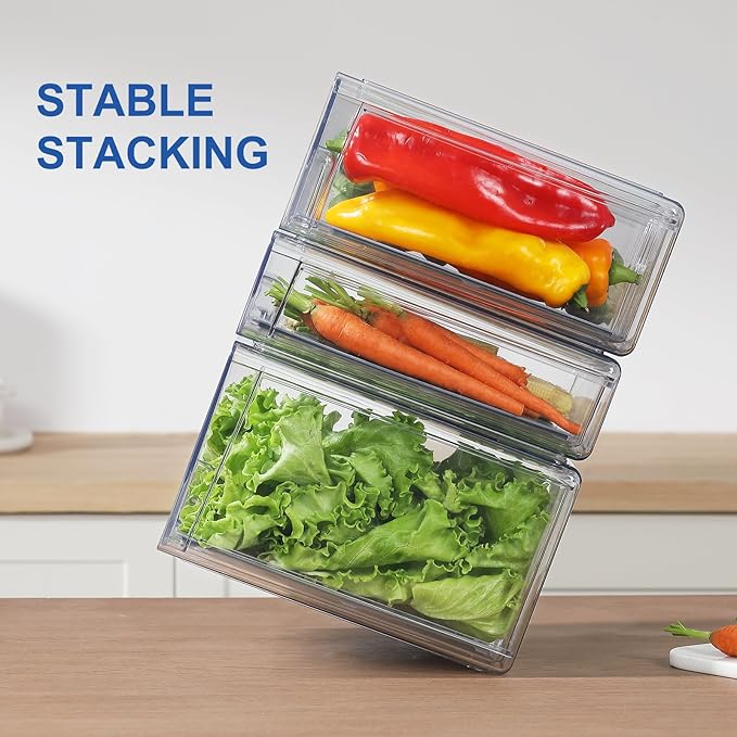 Bronkeeper Pull Out Clear Fridge Organizer Drawers with Drainer, Refrigerator Stackable Storage Bins for Kitchen Fruit & Veggie Organization (2PCS, Medium)