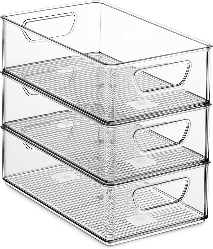 Set Of 6 Refrigerator Organizer Bins - Stackable Fridge Organizers with Cutout Handles for Freezer, Kitchen, Countertops, Cabinets - Clear Plastic Pantry Food Storage Rack