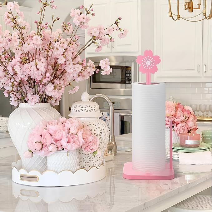 Leinuosen Pink Cherry Blossoms Paper Towel Holder Cute Bow Wooden Paper Towel Holder Pink Bathroom Countertop Accessories Kitchen Roll Stand Organizer Standing Apartment Decor Housewarming Gift