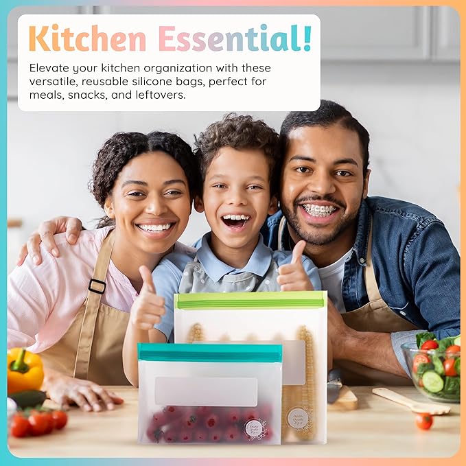 Reusable Food Storage Bags 8-Pack – BPA-Free Freezer & Dishwasher Safe, Leakproof Stand-Up Snack Bags 2 Gl + 2 L, 4 M– Eco-Friendly Airtight Ziplock Bags for Kitchen & Travel(Multicolor)