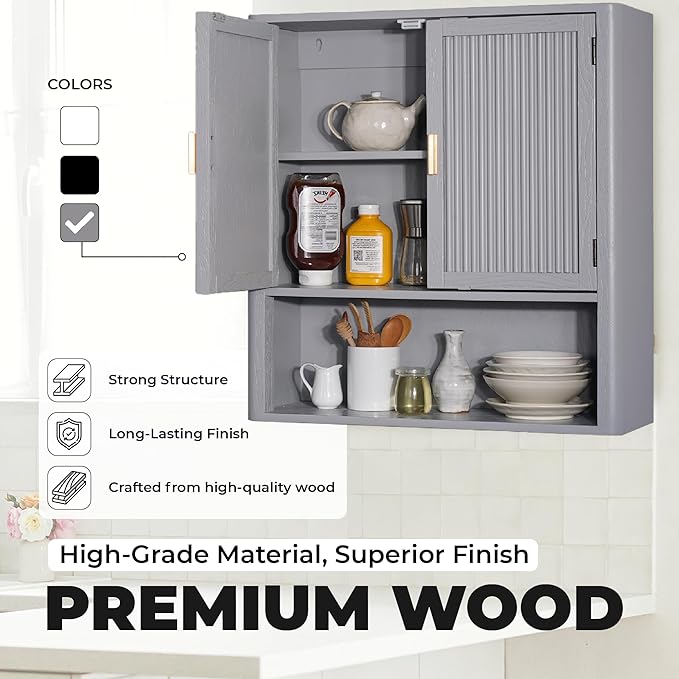 Pre-Assembled Wall Mounted Medicine Cabinet – 2-Door Bathroom Storage Cabinet with Fixed Shelf, Space-Saving Over-The-Toilet Organizer for Small Bathroom Living Room Kitchen or Laundry (Grey)