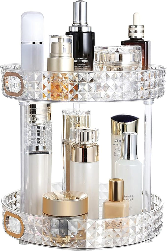 360 Rotating Makeup Organizer, 2 Tier Diamond Pattern Perfume Organizer, 10.6" Large Capacity Skincare Lotion Organizer, Designed for Vanity and Bathroom Countertops, Clear