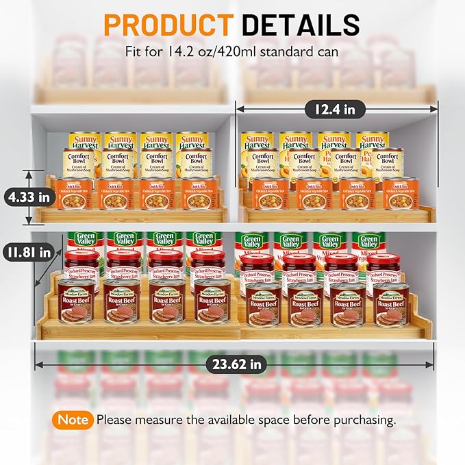Bamboo Expandable Can Rack Organizer for Pantry, Stackable 3 Tier Canned Food Organizers and Storage, Kitchen Cabinet, Can Holders Dispensers for Pantry Up To 24 Cans