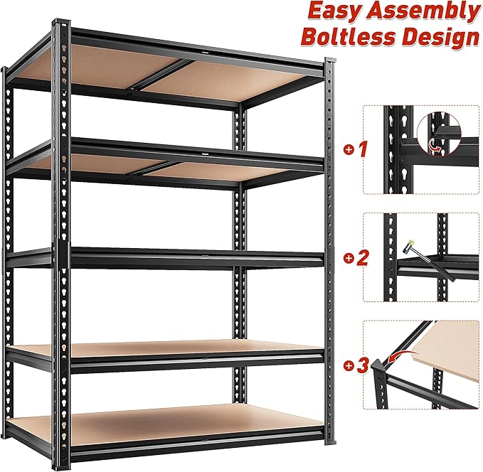 REIBII 2200LBS Storage Shelves 5 Tier Garage Shelving Heavy Duty, Adjustable Metal Shelving Unit, Garage Shelves for Basement, Warehouse, Pantry, Closet, Kitchen 72" H x 35.55" W x 16" D, 2 Pack | Heavy Duty, Adjustable, 2020LBS Capacity, Garage, Pantr...