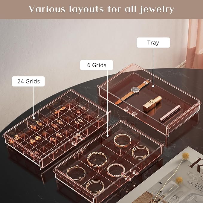 ProCase Acrylic Earrings Holder Organizer Box, Large Clear Earring Jewelry Storage Transparent Stackable Drawers Jewelry Display for Earring Ring Bracelet -Pink, 5 Layers