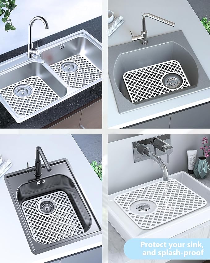 BEHOK 2 Pack Silicone Sink Protectors for Kitchen Sink, Lozenge Pattern 13 x 11 Inches Sink Mat, Non-Slip and Durable Sink Protector Silicone, Rear Drain, White
