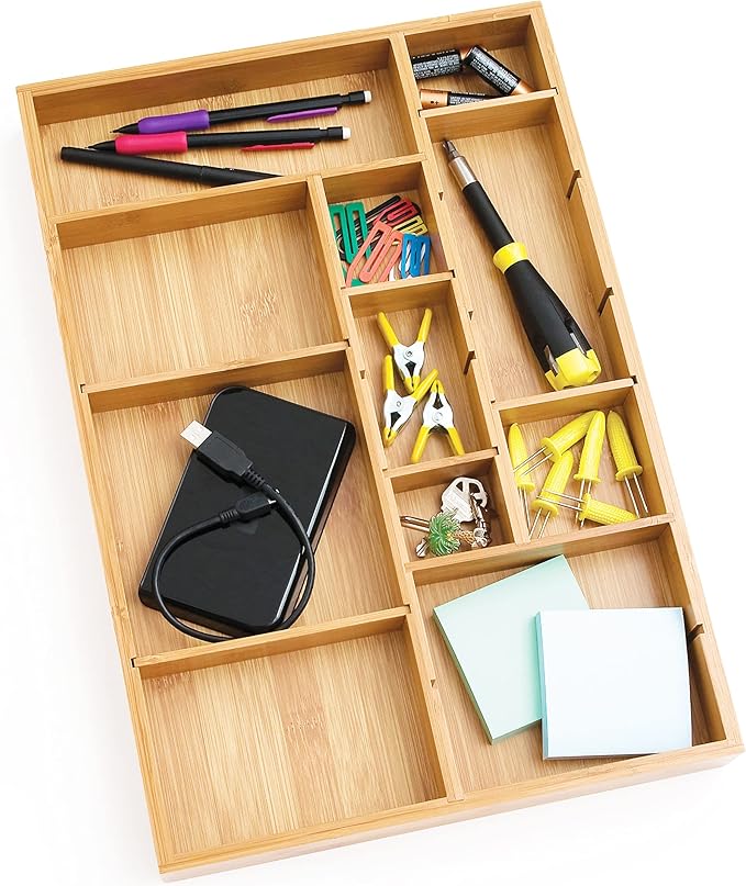 Lipper International 8397 Bamboo Wood Adjustable Drawer Organizer with 6 Removable Dividers, 12" x 17-1/2" x 1-7/8"