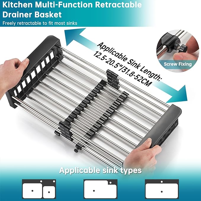 TUTEW Dish Drying Rack, Stainless Steel Dish Drainer with Adjustable Arms Holder Functional Kitchen Sink Organizer for Vegetable and Fruit, Black Large