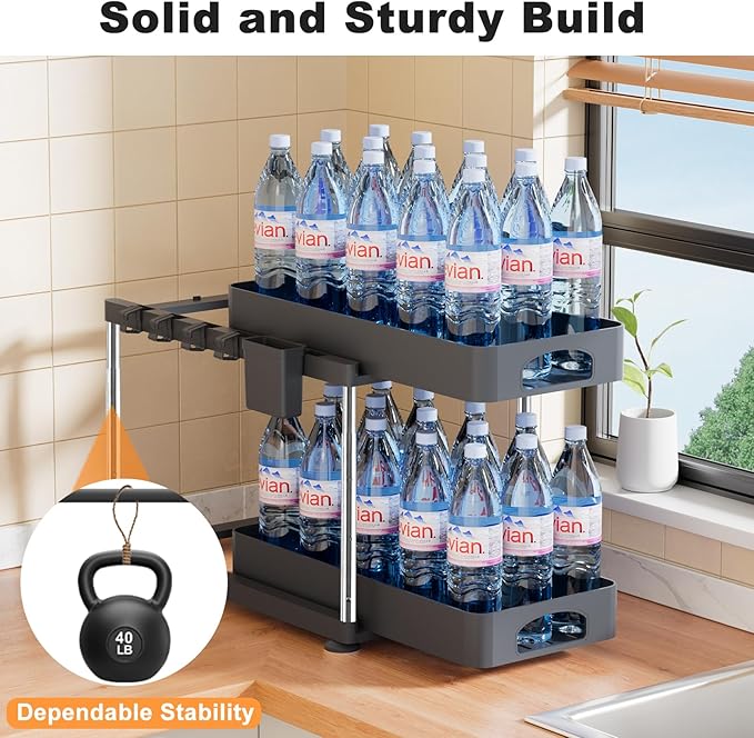 Under Sink Organizer, Under Kitchen Sink Organizer, Height Adjustable Bathroom Cabinet Organizers and Storage, 2 Tier Pull-Out Multi-Purpose Organizer for Bathroom Kitchen Cabinet, Black, 2 Pack