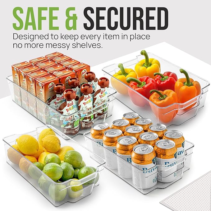 Zulay Kitchen 4 Pack Refrigerator Organizer Bins – Large Clear Fridge Storage Containers with Built-In Handles & Non-Slip Feet - Ideal Fridge Organizers, Kitchen Cabinets, Pantry Organization