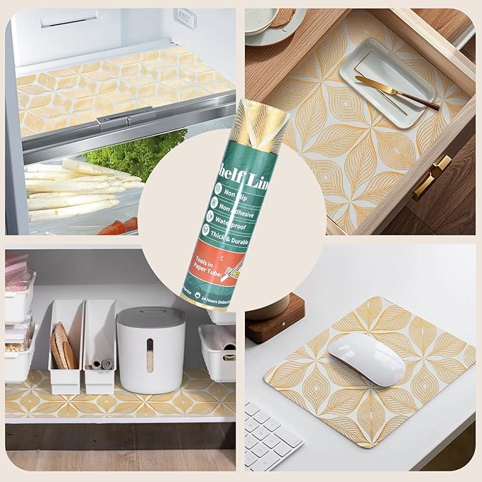 Drawer and Shelf Liner for Kitchen Cabinet,Non-Adhesive Waterproof Drawer Liner for Dresser & Bathroom Vanities with Adhesive Dots & Cutting Tool(24 in X 20 Ft Gold Leaf Pattern)