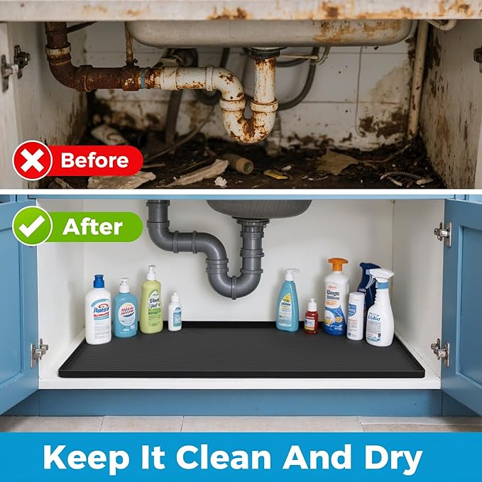 URMONA 31'' x 22'' Waterproof Silicone Under Sink Mat Cabinet and Counter Protector, Shelf Liner for Kitchen and Bathroom, Storage and Organizers, Litter Mat, Pet Cat Puppy Essentials（Light Cream）