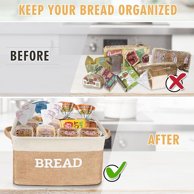 Lukeline Bread Storage Basket for Kitchen, Foldable Fabric Bread Keeper Bread Storage Container Bin with Handles, Bread Baskets for Kitchen Counter and Pantry (White & Beige)