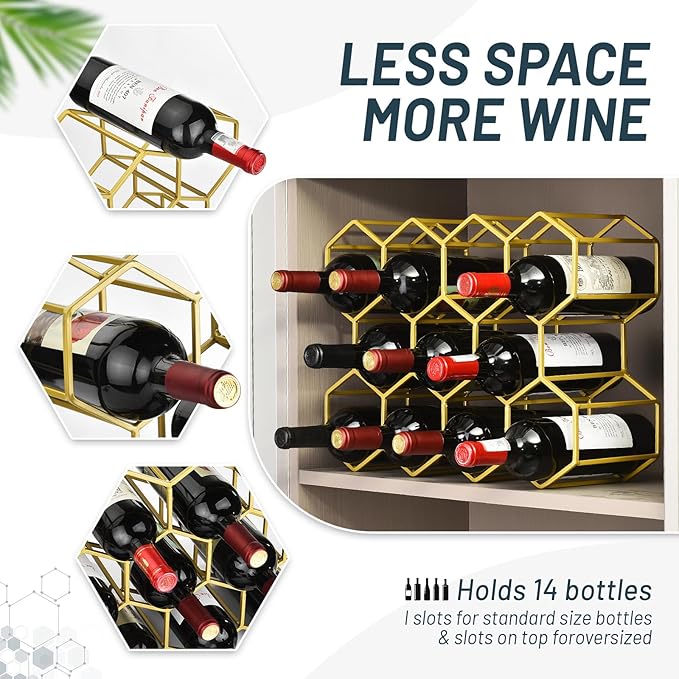 Countertop Wine Rack - 14 Bottle Freestanding Modern Gold Metal Small Wine Rack Two-Way designTabletop Wine Holder Stand for Cabinet, Pantry, Wine Bottle Storage - No Assembly Required