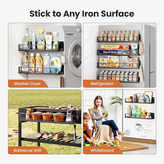 Mystozer 16.9 Inch Wide Large Capacity Magnetic Spice Rack for Refrigerator, 5 Pack Metal Fridge Shelf, Black
