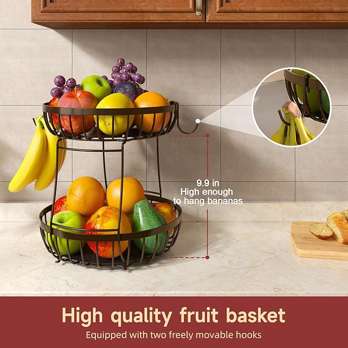 2 Tier Fruit Basket for Kitchen Counter with 2 Banana Hangers, 2025 Pro Detachable Metal Fruit Bowl with Wooden Handle,Fruit Holder for Bread Snack Veggies, Brown Extra Large