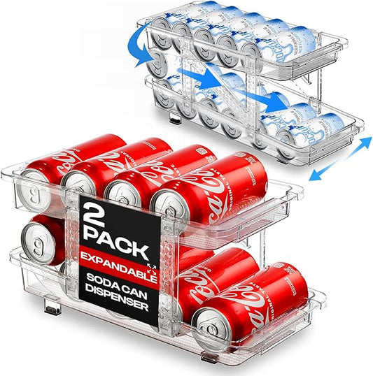 Expandable Soda Can Dispenser For Fridge - 2-Pack - Clear Transparent Soda Can Organizer For Refrigerator, Kitchen, and Pantry Storage Organizer for Cans, Beverage Bottle, Canned Food & Bottles