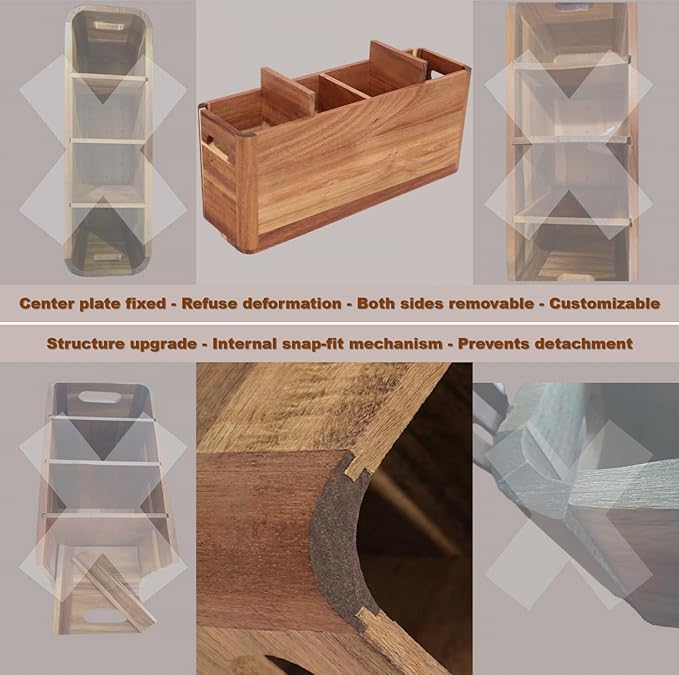 Wooden Kitchen Utensils Holder Organizer - Extra Large Wooden Utensil Holder for Counter or Countertop - Acacia Wood Container with 4 Compartments for Cooking and Silverware