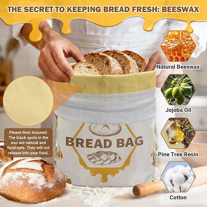 Extra Large Cotton Beeswax Bread Bags with Drawstring Closure (1 Pack) Reusable Bread Bags for Sourdough, Freshness Preservation, Freezer-Safe Food Storage for Gifts (19.7x13.4 Inch)