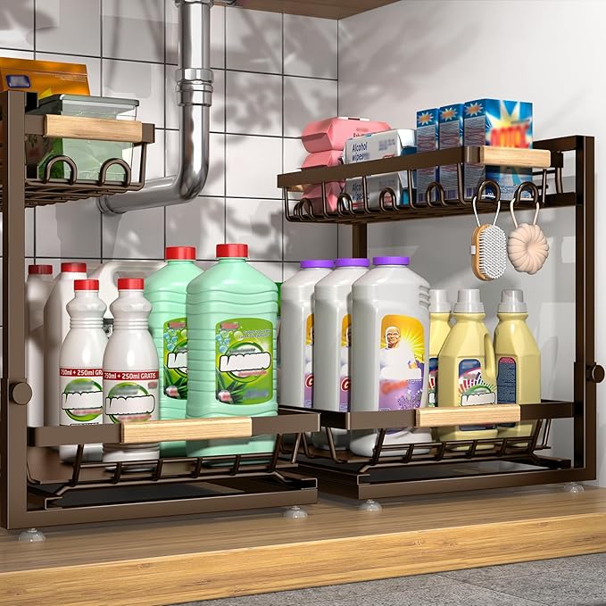 2 Packs Under Sink Organizer, High Adjustable 2 Tier Under Kitchen sink organizer, Multi-Purpose Storage Shelf for Kitchen Bathroom Cabinet (Brown)