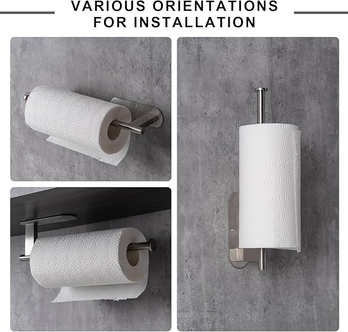 Paper Towel Holder, Upgrade SUS304 Stainless Steel Paper Towel Holder Under Cabinet, Bend-Resistant, Self-Adhesive or Drill mounting (2 Silver)