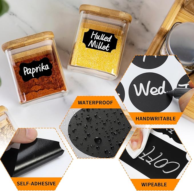 Fssqii 256 Kitchen Blank Chalkboard Labels for Jars Bottles Containers, Waterproof Reusable Removable Different Size Black Labels Stickers for Home Kitchen Pantry Food Spice Storage, Office (Black)