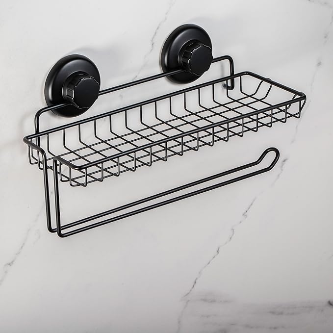 HASKO Suction Cup Paper Towel Holder with Shelf and Hooks - Wall Mount Metal Organizer for Bathroom & Kitchen - SUS 304 Stainless Steel Tissue Roll Hanger - Black