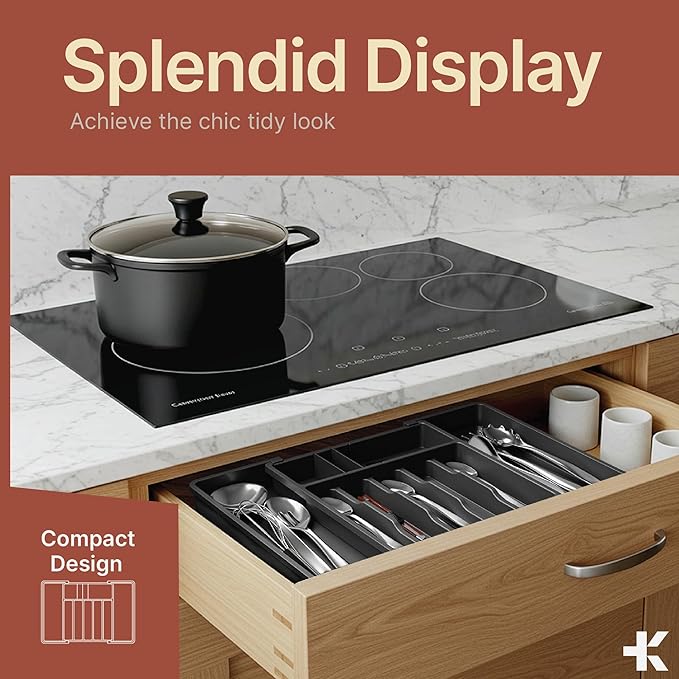 Gray Expandable Utensil Drawer Organizer 1 Pack, Adjustable 13” to 22.4”, 8 Compartment Silverware Organizer for Kitchen Utensils, Spatulas, Cutlery, and Tools, Easy to Clean, Durable, and BPA-Free