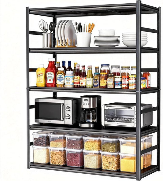 Kitchen Storage Shelves, 47.2"W × 23.6"D × 72"H Heavy Duty Durable Metal Shelving Unit, 5-Tier Adjustable Pantry Shelf, Food and Beverage Organization and Storage Shelves,Shelf Organizer, Black