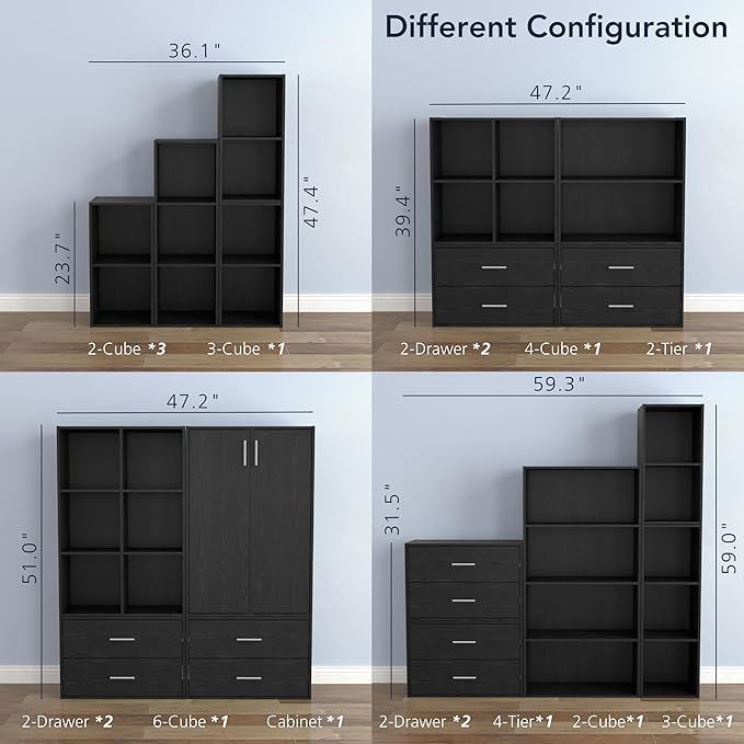 Homes: Inside + Out Apexa 2-Cube Storage Organizer Shelves, Stackable Wood Bookcase Fits Cubby Bins for Organization, Dorm Teen Room Decor & Home Office, Black