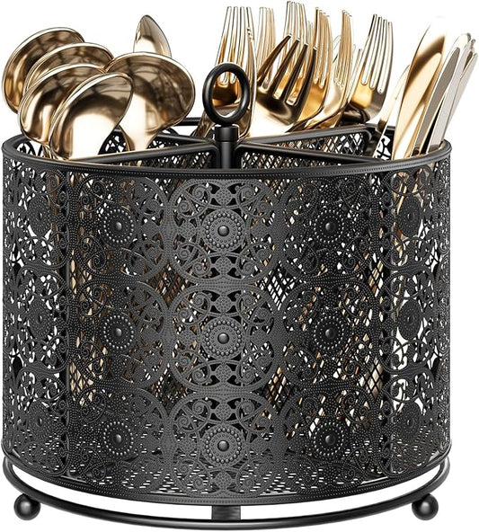 360° Rotating Utensil Caddy Countertop - Cutlery Silverware Caddy Holder with 4 Compartment - Higher Raised Flatware Organizer with Handle for Party Kitchen Counter Office Black