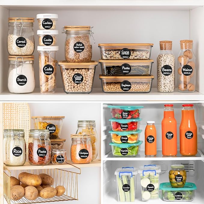 Segarty Chalkboard Labels, 216 Pcs Blank Circle Labels with 1 White Chalk Marker for Spice Jars, Waterproof Black Label Stickers for Food Containers, Glass Mason, Bottle, Kitchen Organization