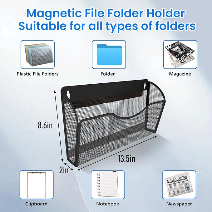 6 Pack Magnetic File Holder, Magnetic Pocket Wall File Holder, Mesh Wall Paper Organizer, Vertical Mail Basket, Storage Organization Magazine Rack for Office, Home and School