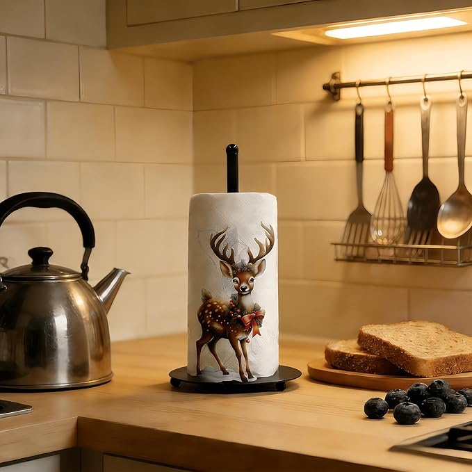 Deer Paper Towel Holder Countertop, Freestanding Paper Roll Holder,Easy One-Handed Tear Kitchen Paper Towel Stand with Weighted Base,Cute Animal Home Decor for Kitchen and Bathroom Countertop(1 Pack)