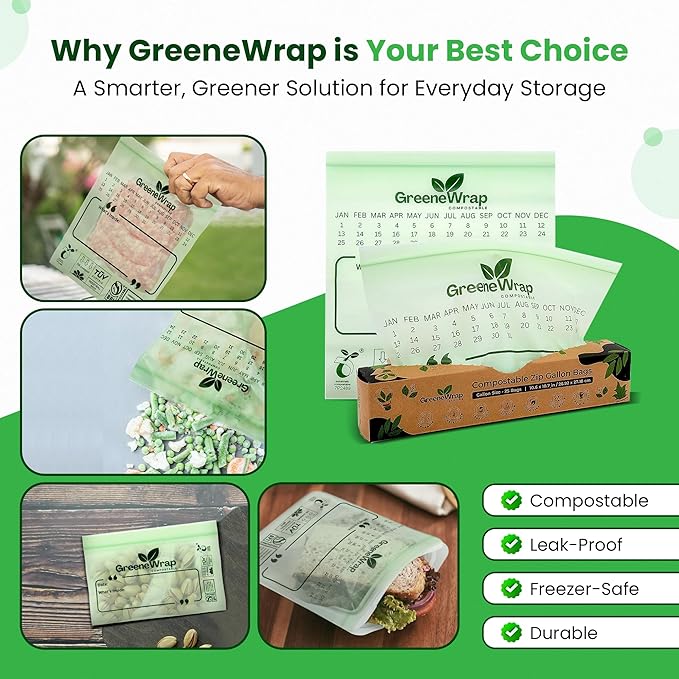 GreeneWrap Compostable Sandwich Size Zip Bags 25 Count Extra Thick 2 mil Resealable, Leak-Proof, Freezer Safe Disposable Food Storage Bags, BPI and OK Compost Home Certified, ASTM D6400