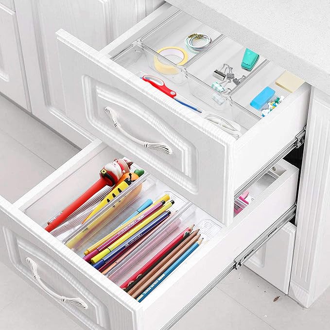 LotFancy 8 Pack Clear Plastic Drawer Organizers, Food Grade Storage Trays, Non-Slip Storage Bins for Kitchen Utensil, Silverware Cutlery, Bathroom, Office Desk, Makeup, Jewelry, 9.2''×3''×2''