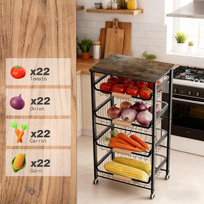 5-Tier Kitchen Rolling Utility Cart Storage with Wheels&Wood Top,Pull-Out Hollow Metal Basket Stand for Fruit Potato Onion Vegetable Snack Produce,Black