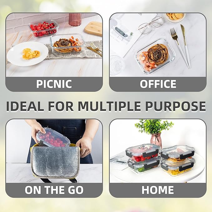 10 Pack 22 oz Glass Meal Prep Containers, Food Storage Containers with Lids, Airtight Leakproof Lunch Containers for Kitchen, Freezer, Microwave, Dishwasher Safe (Grey)