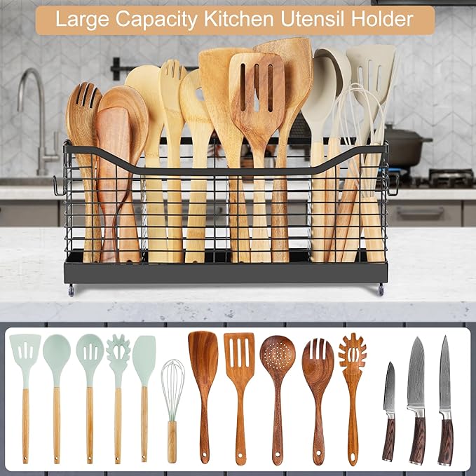 Utensil Holder for Kitchen Counter, Large Stainless Steel Cooking Organizer with 4 Compartments for Kitchen Countertop, Silverware, Forks, Knives, Spoons, Cooking Tools, Cutlery Storage Rack