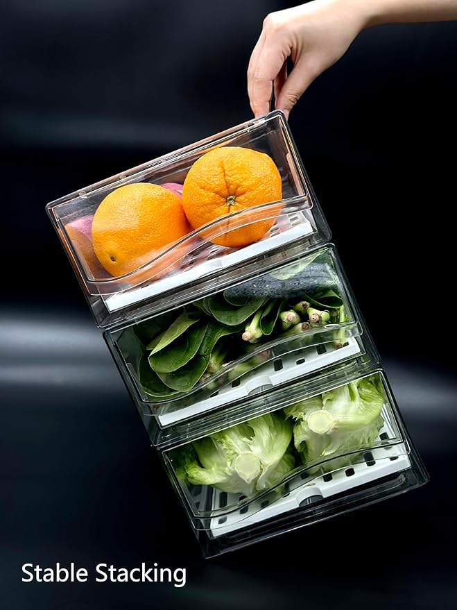 Femoliyes Refrigerator Organizers and Storage Drawer, Stackable Fruit Storage Containers for Fridge, Reusable Fridge Organizer fit for Kitchen Refrigerator and Restaurant Freezer (2 Drawers, Medium)