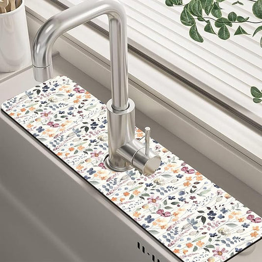 Vintage Watercolor Floral Kitchen Sink Splash Guard Mat Absorbent Fast Drying Mat Faucet Draining Mat Sink Splash Guard Behind Faucet Drip Catcher for Kitchen Bathroom 5.5"×24"