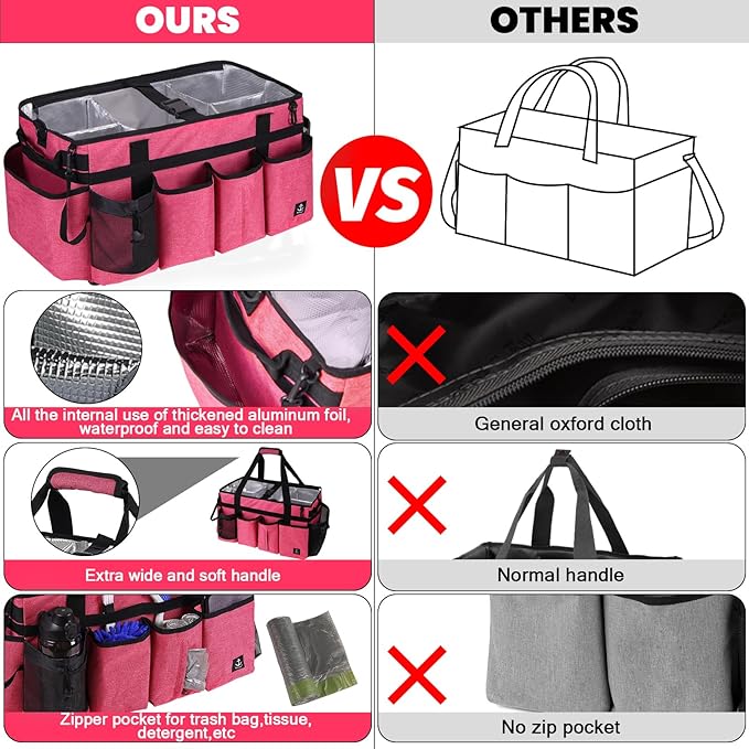 Timoxi Extra large Cleaning Caddy Bag Built-in Sturdy Support Board, Cleaning Organizer with Detachable Divider, Cleaning Supply Tote with Adjustable Shoulder Strap (Pink, 19'' x 11'' x 11'')