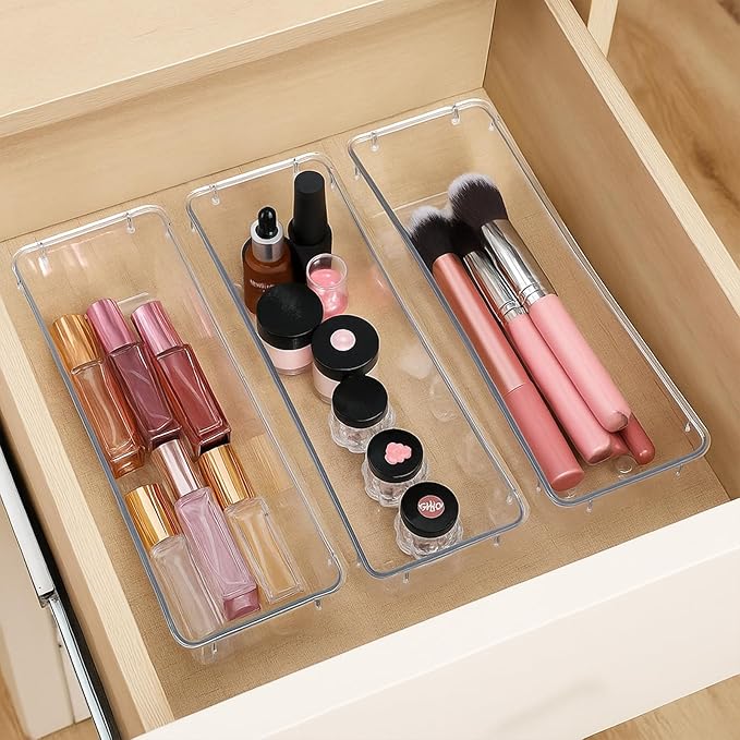 MBIYO 12 Pack Clear Drawer Organizers, 9 x 3 x 2“ Plastic Silverware Organizer Utensil Drawer Organizer for Desk Makeup Lipstick Kitchen Utensils Kitchen Drawers Dividers