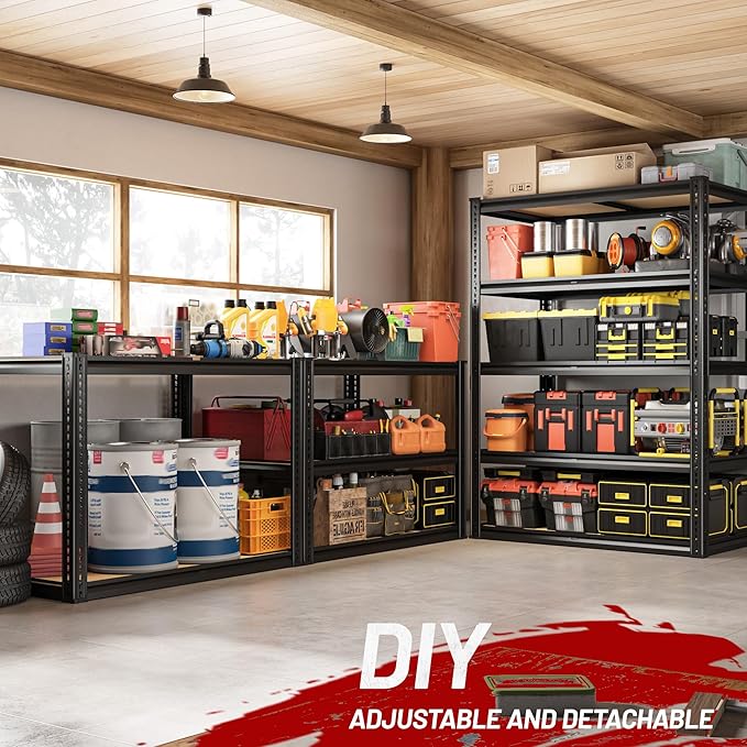 2250LBS Storage Shelves Heavy Duty 5 Tier Garage Storage Shelving, Adjustable Metal Shelving Unit Utility Rack Shelf for Warehouse, Pantry, Closet, 72" H x 35.56" W x 16" D, Black.2PCS
