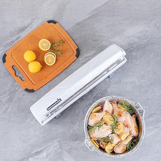 Restaurantware-RW Base Food Wrap Dispenser with Cutter, 1 Refillable Cling Wrap Dispenser - Fits 12” to 18” x 1000’ Rolls, Press Down and Cut, White Plastic Aluminum Foil, Sharp Blade