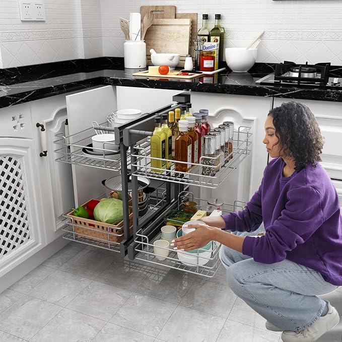VADANIA Blind Corner Pull Out Organizer for 32" Cabinet, Left Open & Right Open Compatible, Min Opening 14", 2-tier Pull-out Basket, Soft Close, Bottom Mount